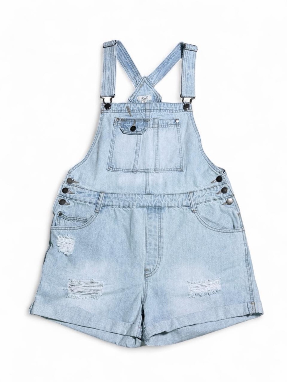 Women's Medium Easel Distressed Light Wash Denim Short Overalls Shortalls Boho - Picture 2 of 11